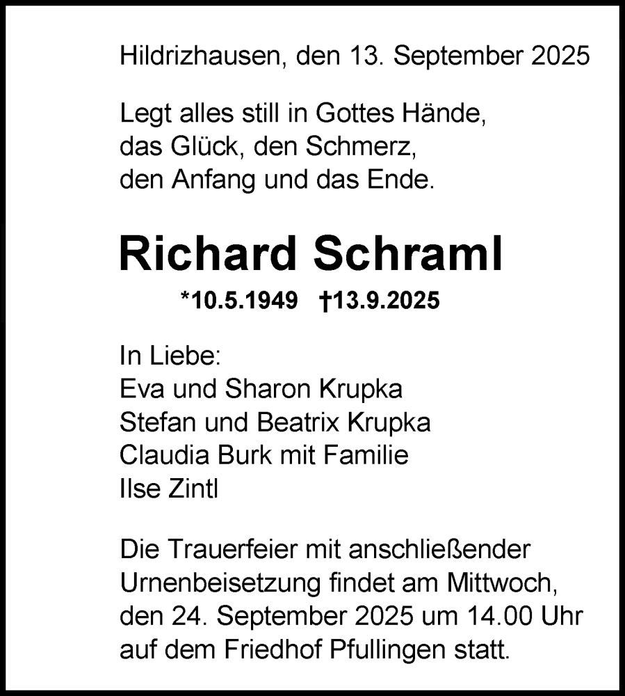  Traueranzeige für Richard Schraml vom 20.09.2025 aus Reutlinger General-Anzeiger
