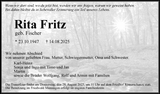 Anzeige von Rita Fritz von Reutlinger General-Anzeiger