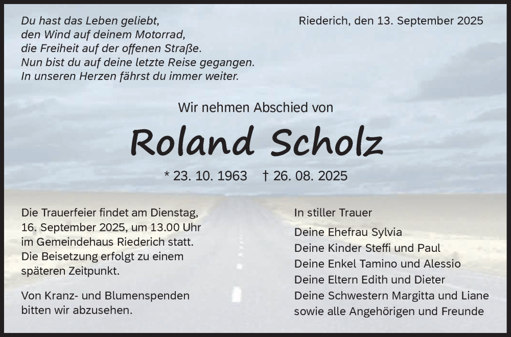 Traueranzeige für Roland Scholz vom 13.09.2025 aus Reutlinger General-Anzeiger