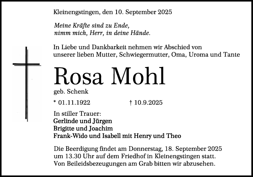  Traueranzeige für Rosa Mohl vom 13.09.2025 aus Reutlinger General-Anzeiger