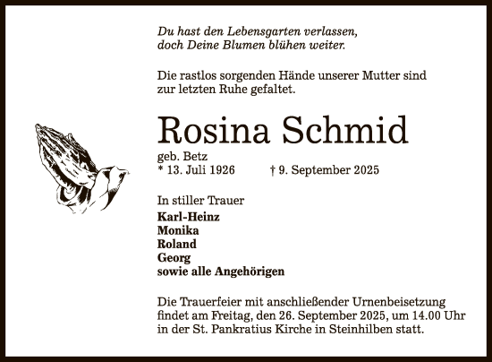Anzeige von Rosina Schmid von Reutlinger General-Anzeiger
