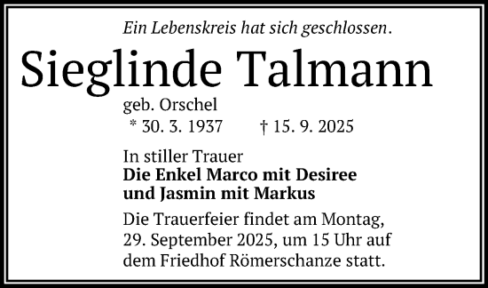 Anzeige von Sieglinde Talmann von Reutlinger General-Anzeiger