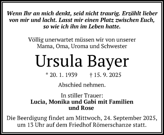 Anzeige von Ursula Bayer von Reutlinger General-Anzeiger
