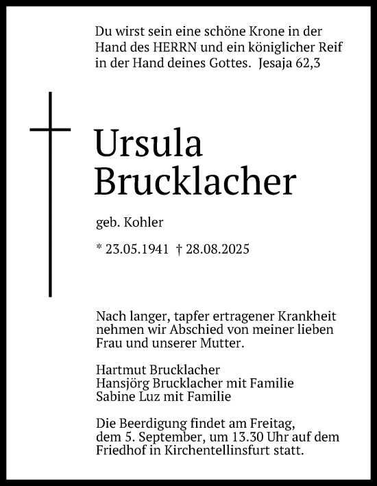 Anzeige von Ursula Brucklacher von Reutlinger General-Anzeiger