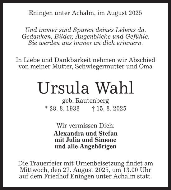 Anzeige von Ursula Wahl von Reutlinger General-Anzeiger
