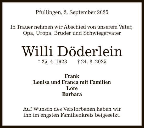 Anzeige von Willi Döderlein von Reutlinger General-Anzeiger