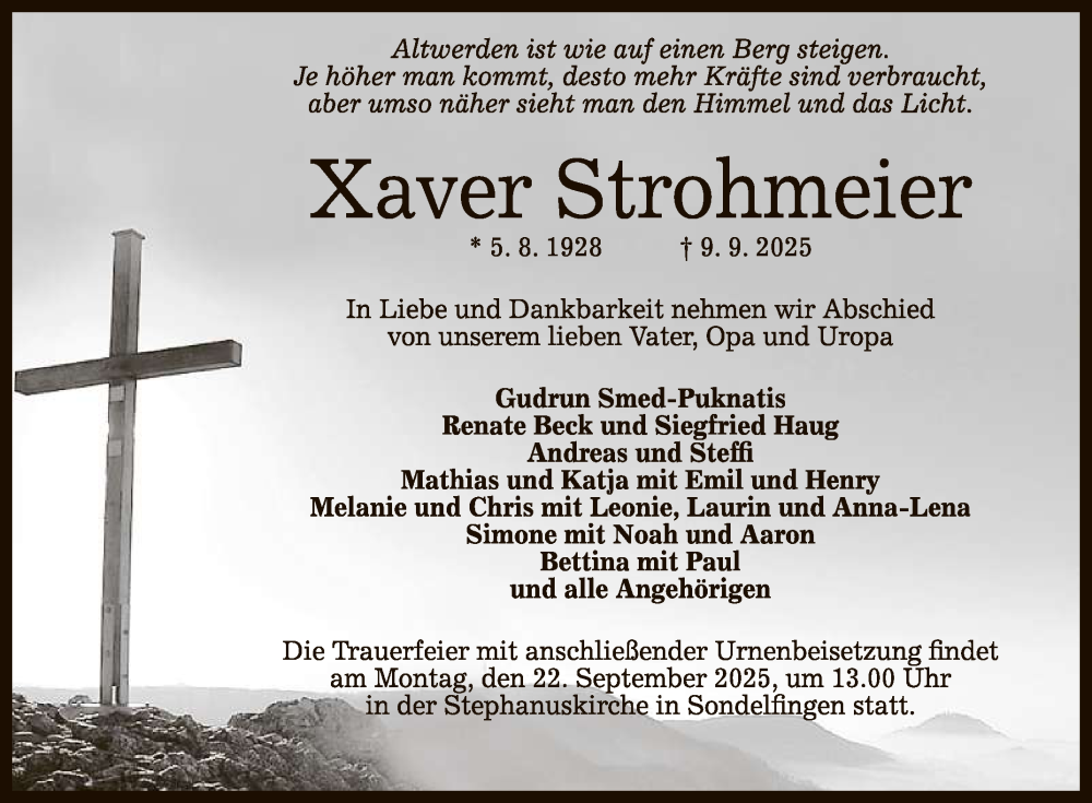  Traueranzeige für Xaver Strohmeier vom 17.09.2025 aus Reutlinger General-Anzeiger