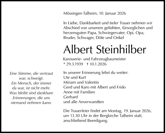Anzeige von Albert Steinhilber von Reutlinger General-Anzeiger