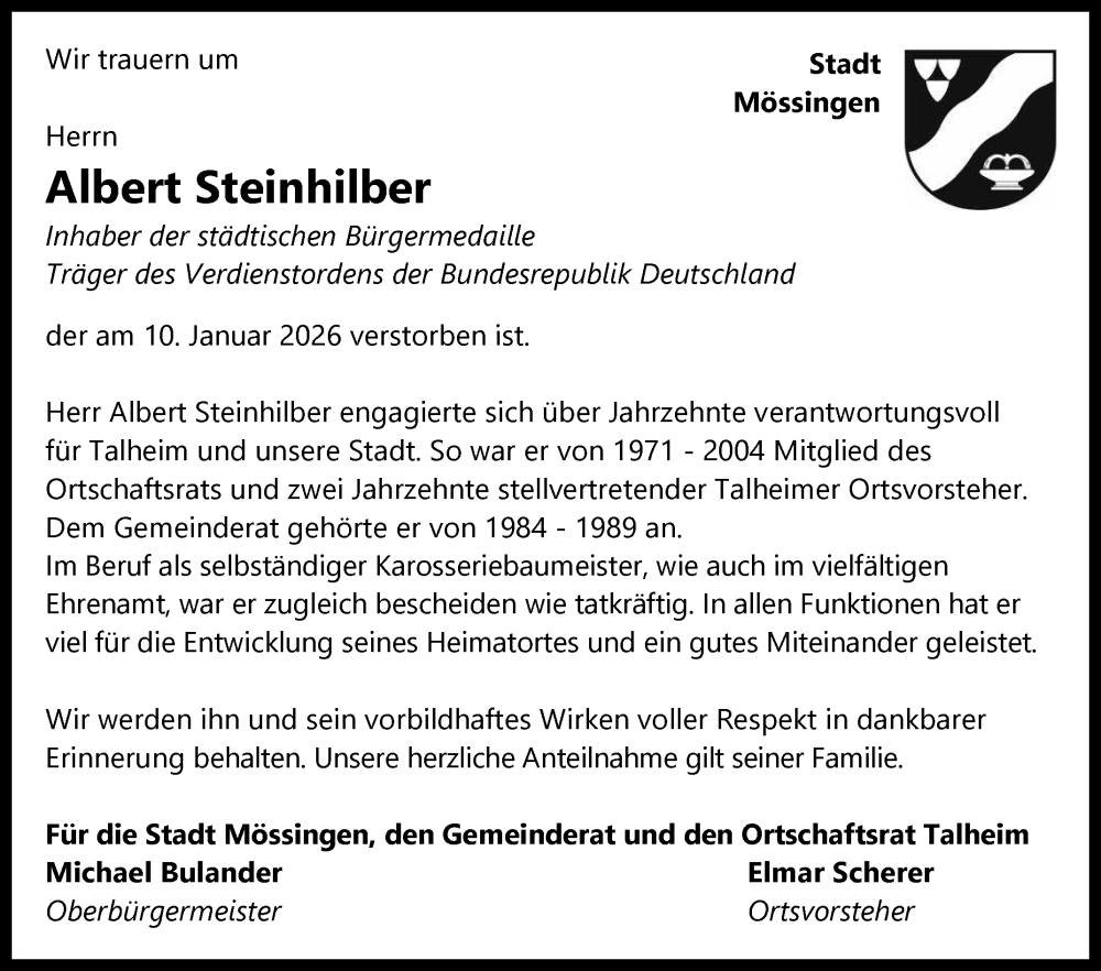  Traueranzeige für Albert Steinhilber vom 15.01.2026 aus Reutlinger General-Anzeiger