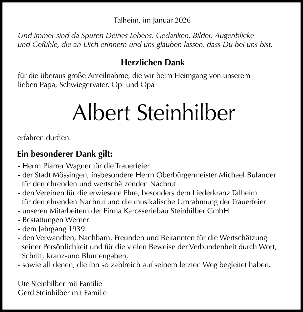  Traueranzeige für Albert Steinhilber vom 30.01.2026 aus Reutlinger General-Anzeiger