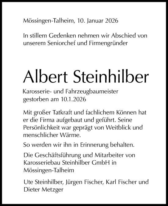 Anzeige von Albert Steinhilber von Reutlinger General-Anzeiger