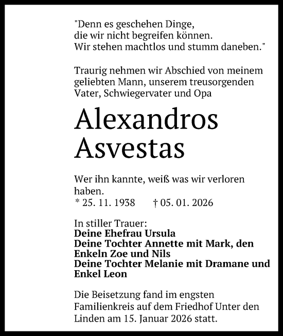 Anzeige von Alexandros Asvestas von Reutlinger General-Anzeiger