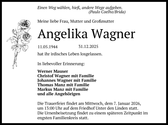 Anzeige von Angelika Wagner von Reutlinger General-Anzeiger