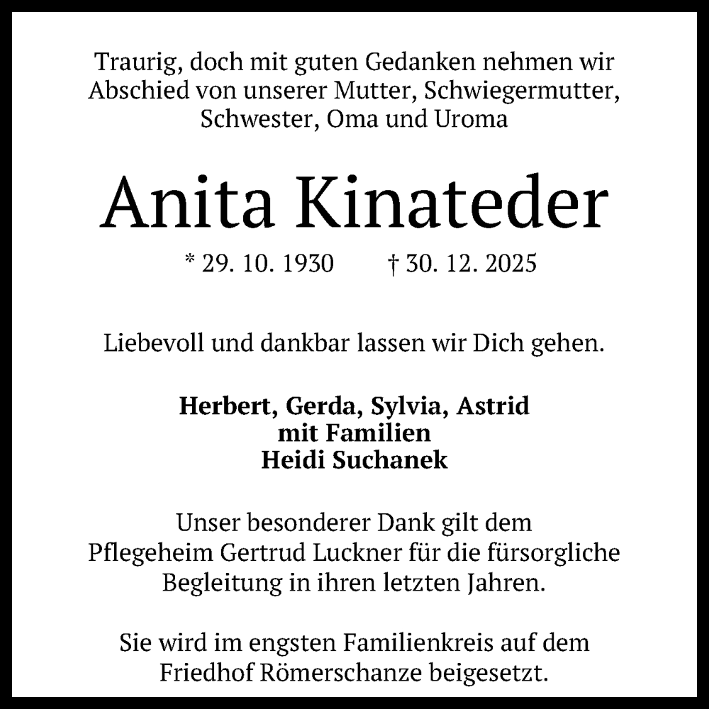 Traueranzeige für Anita Kinateder vom 22.01.2026 aus Reutlinger General-Anzeiger