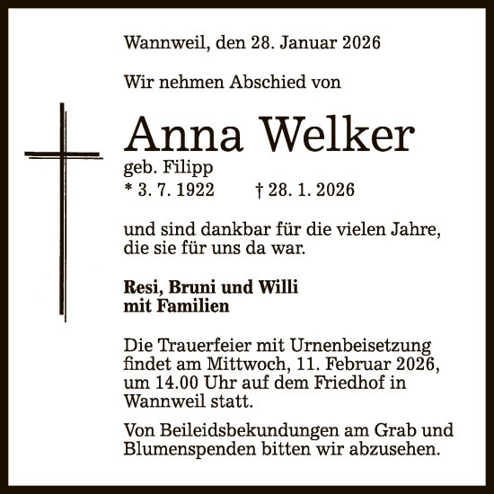 Anzeige von Anna Welker von Reutlinger General-Anzeiger