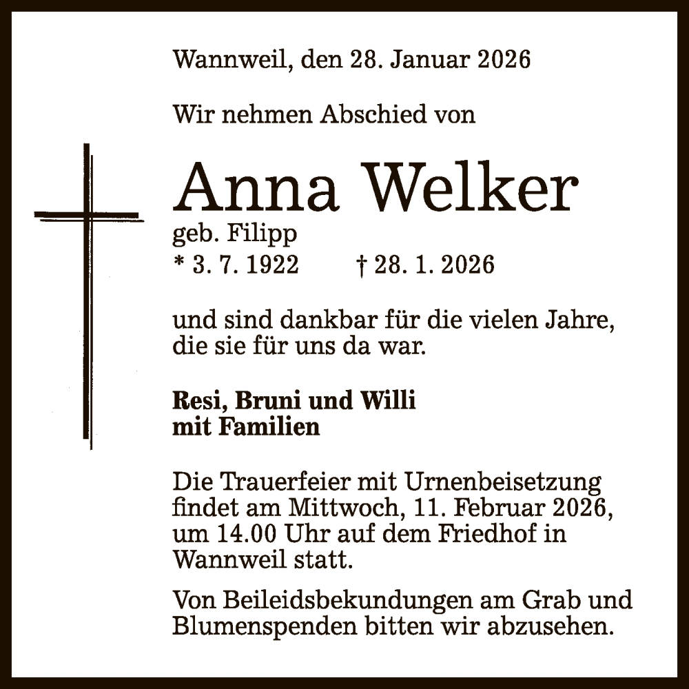  Traueranzeige für Anna Welker vom 31.01.2026 aus Reutlinger General-Anzeiger