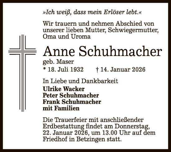 Anzeige von Anne Schuhmacher von Reutlinger General-Anzeiger