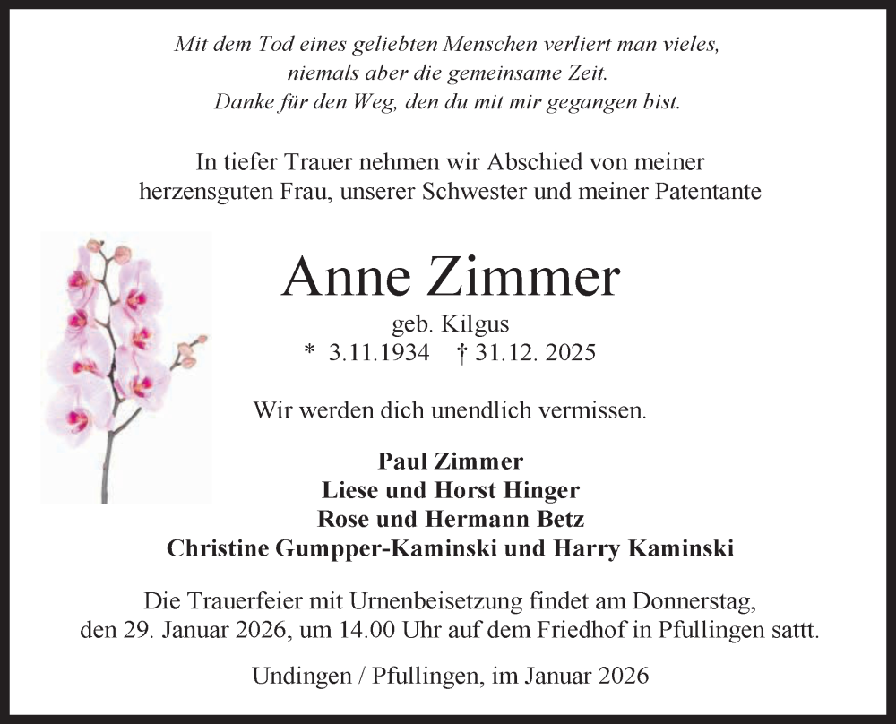  Traueranzeige für Anne Zimmer vom 24.01.2026 aus Reutlinger General-Anzeiger