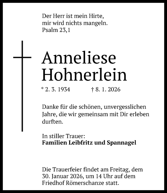 Anzeige von Anneliese Hohnerlein von Reutlinger General-Anzeiger