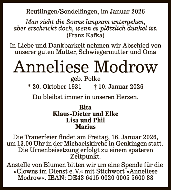 Anzeige von Anneliese Modrow von Reutlinger General-Anzeiger