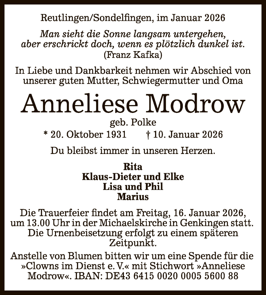  Traueranzeige für Anneliese Modrow vom 14.01.2026 aus Reutlinger General-Anzeiger