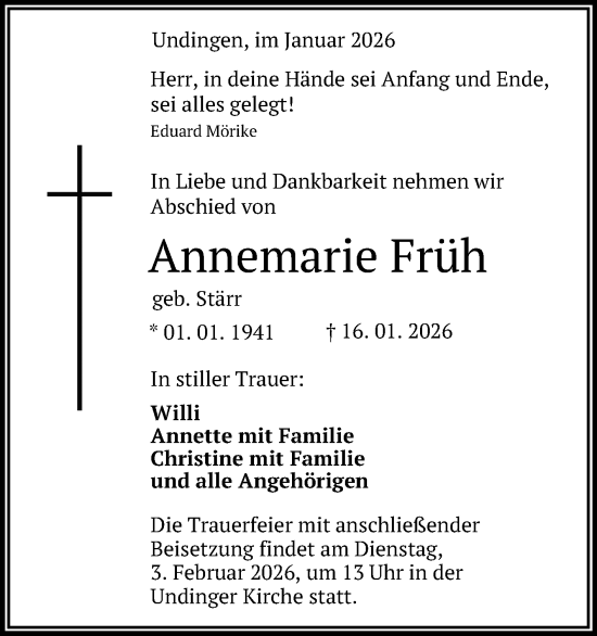 Anzeige von Annemarie Früh von Reutlinger General-Anzeiger