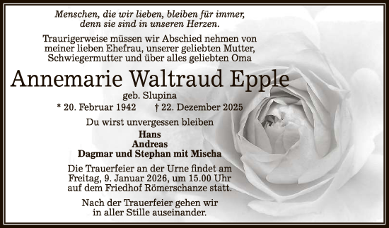 Anzeige von Annemarie Waltraud Epple von Reutlinger General-Anzeiger