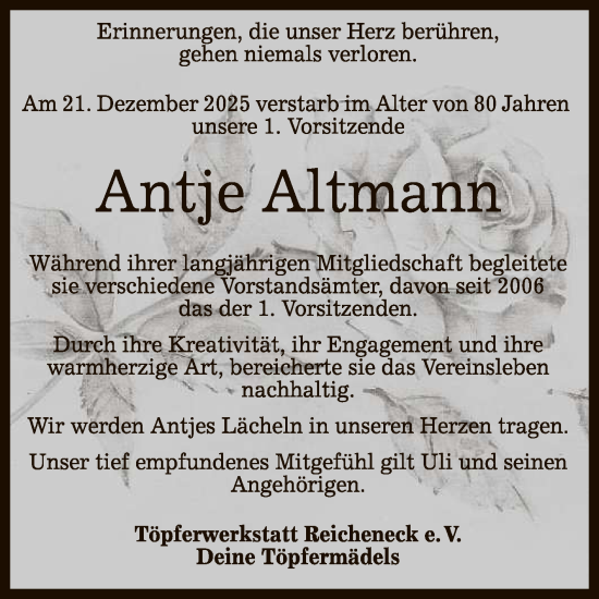 Anzeige von Antje Altmanti von Reutlinger General-Anzeiger