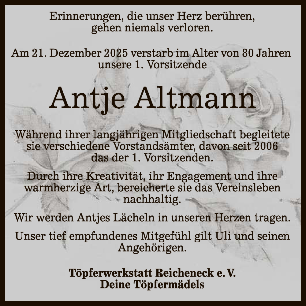  Traueranzeige für Antje Altmanti vom 03.01.2026 aus Reutlinger General-Anzeiger