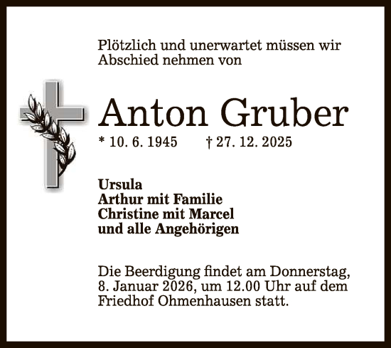 Anzeige von Anton Gruber von Reutlinger General-Anzeiger