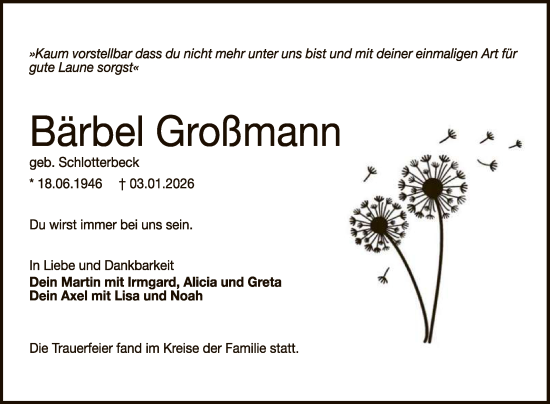 Anzeige von Bärbel Großmann von Reutlinger General-Anzeiger