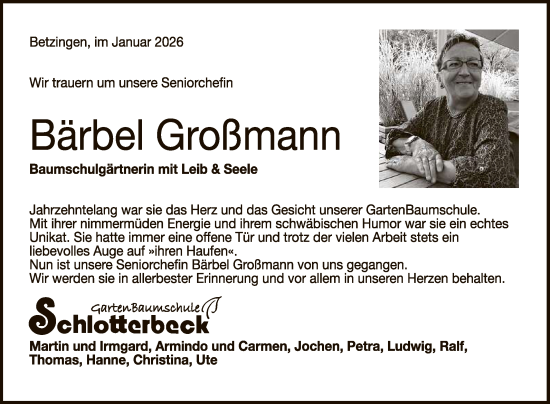 Anzeige von Bärbel Großmann von Reutlinger General-Anzeiger