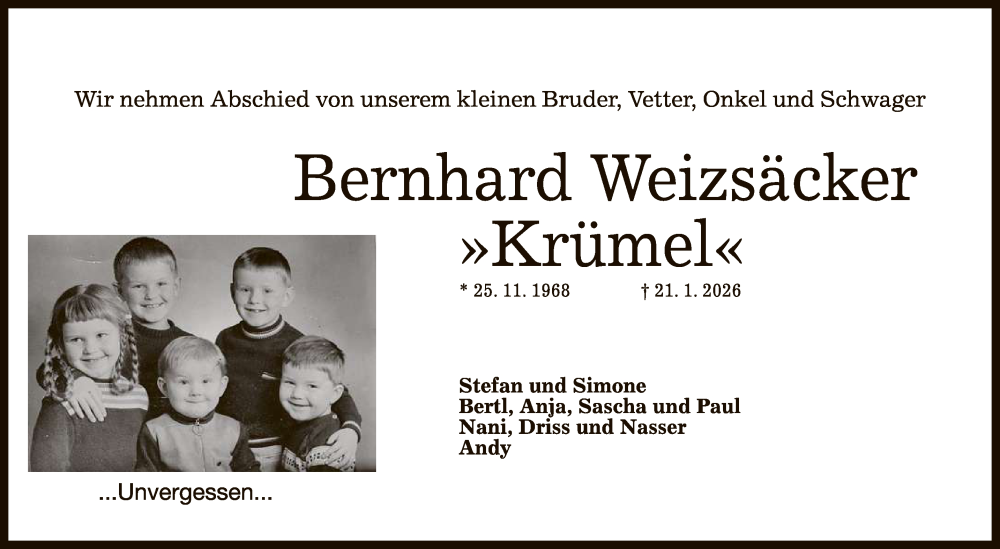  Traueranzeige für Bernhard Weizsäcker vom 31.01.2026 aus Reutlinger General-Anzeiger