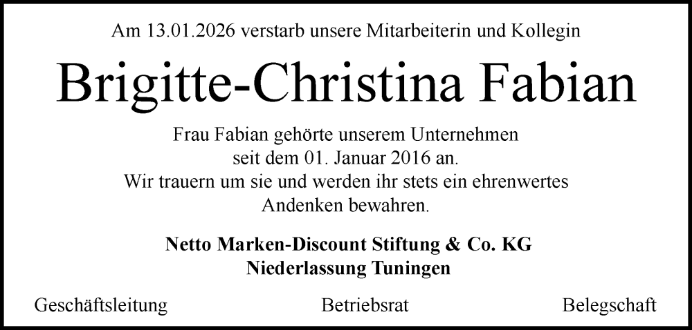  Traueranzeige für Brigitte-Christina Fabian vom 23.01.2026 aus Reutlinger General-Anzeiger