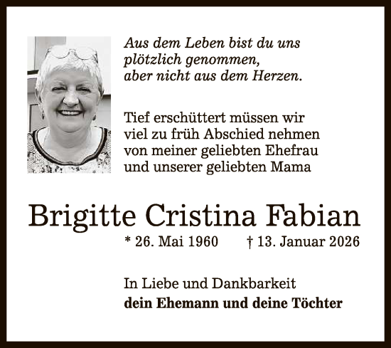 Anzeige von Brigitte Cristina Fabian von Reutlinger General-Anzeiger