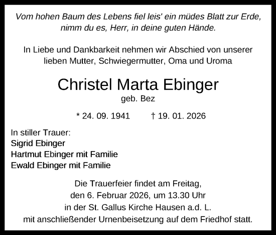 Anzeige von Christel Marta Ebinger von Reutlinger General-Anzeiger