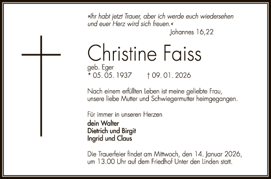 Anzeige von Christine Faiss von Reutlinger General-Anzeiger