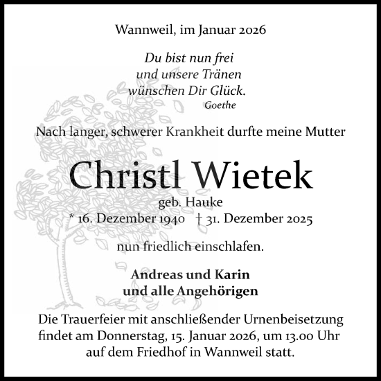 Anzeige von Christl Wietek von Reutlinger General-Anzeiger