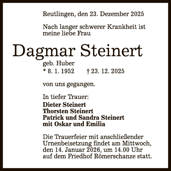 Anzeige von Dagmar Steinert von Reutlinger General-Anzeiger