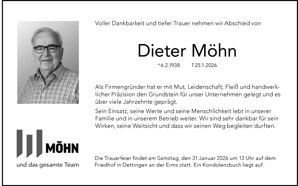  Traueranzeige für Dieter Möhn vom 28.01.2026 aus Reutlinger General-Anzeiger