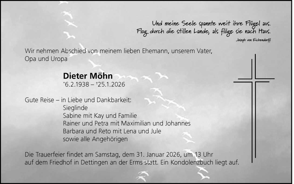  Traueranzeige für Dieter Möhn vom 28.01.2026 aus Reutlinger General-Anzeiger