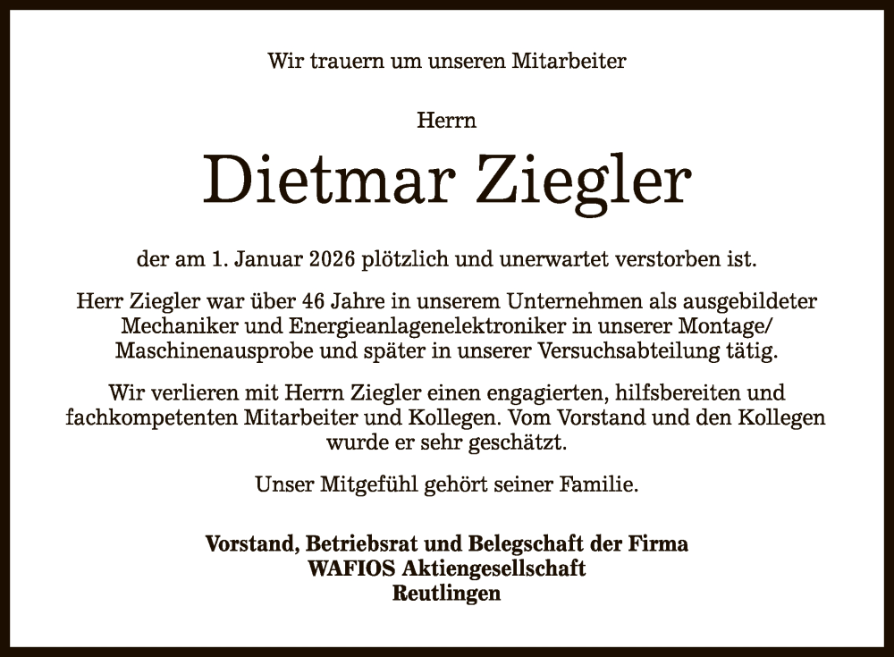  Traueranzeige für Dietmar Ziegler vom 09.01.2026 aus Reutlinger General-Anzeiger