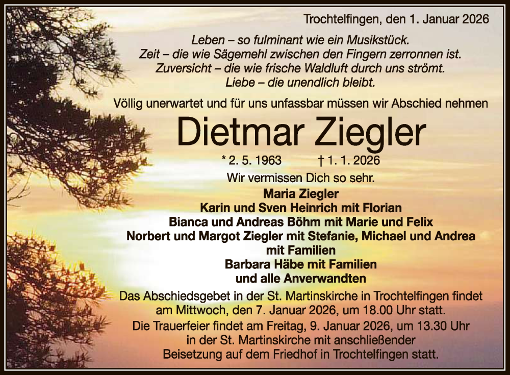  Traueranzeige für Dietmar Ziegler vom 07.01.2026 aus Reutlinger General-Anzeiger