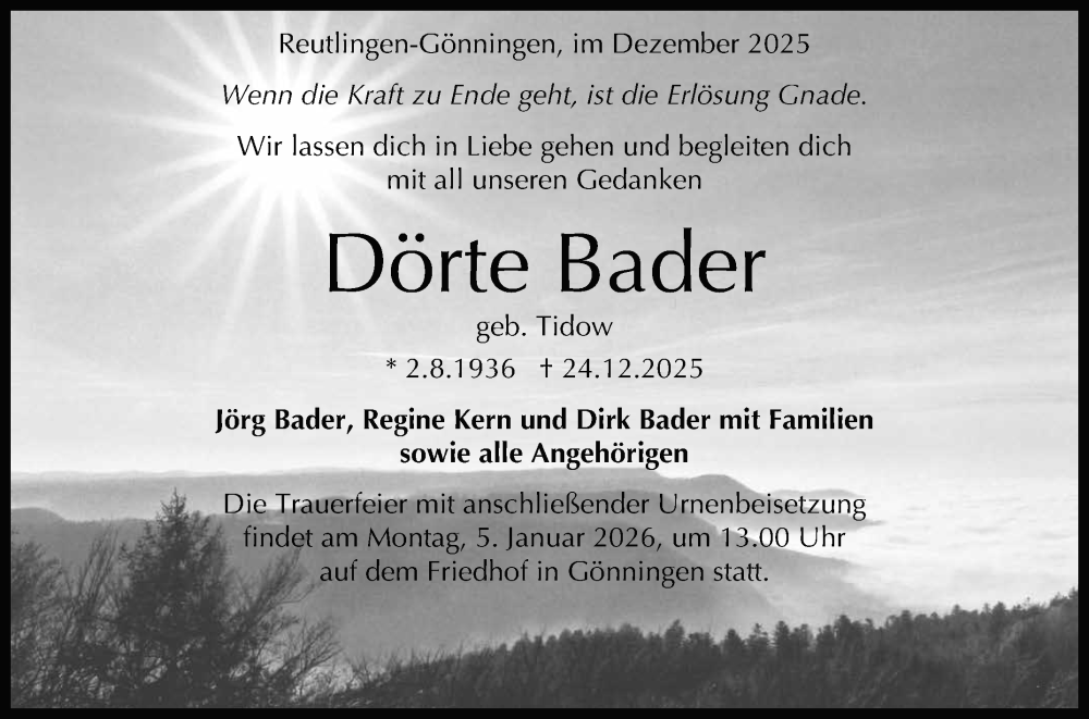  Traueranzeige für Dörte Bader vom 03.01.2026 aus Reutlinger General-Anzeiger