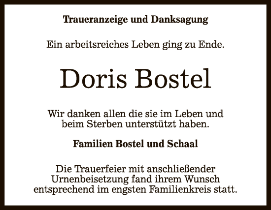 Anzeige von Doris Bostel von Reutlinger General-Anzeiger