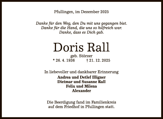 Anzeige von Doris Rall von Reutlinger General-Anzeiger