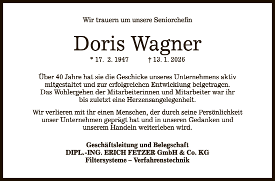 Anzeige von Doris Wagner von Reutlinger General-Anzeiger