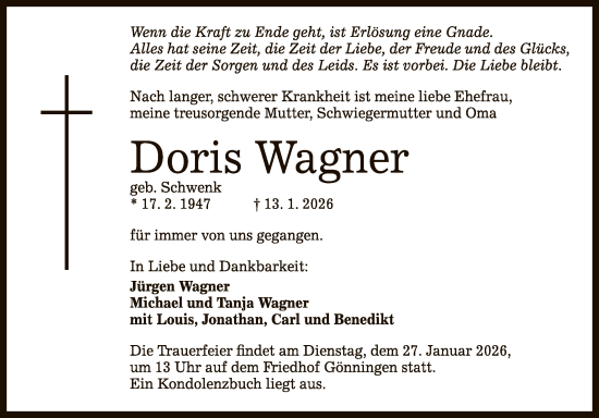 Anzeige von Doris Wagner von Reutlinger General-Anzeiger