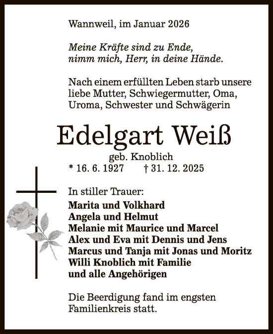 Anzeige von Edelgart Weil von Reutlinger General-Anzeiger
