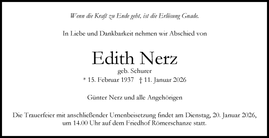 Anzeige von Edith Nerz von Reutlinger General-Anzeiger
